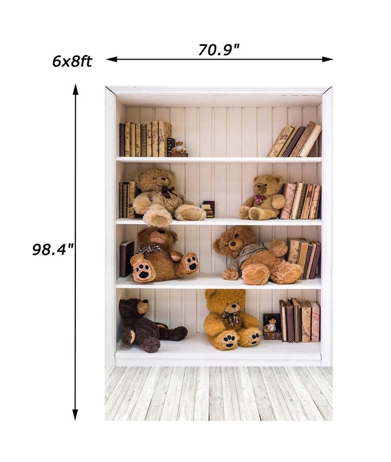 AOFOTO 6x8ft White Bookshelf with Teddy Bears Photography Backdrop Vintage Books Bookcase Wood Floor Background Study Room Decor Indoor Kid Newborn Baby Boy Infant Portrait Photoshoot Studio Props - Image 4